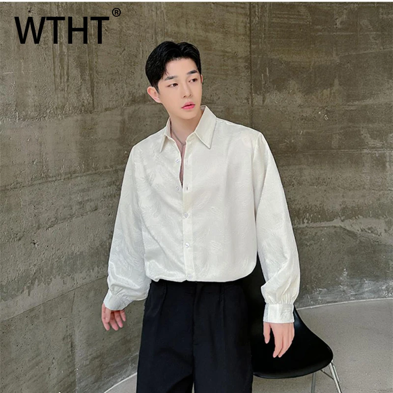 

WTHT Fashion 2025 Summer Men's Liquid Metal Solid Color Shirts Trendy New Single-breasted Turn Down Collar Tops Male 2A1281