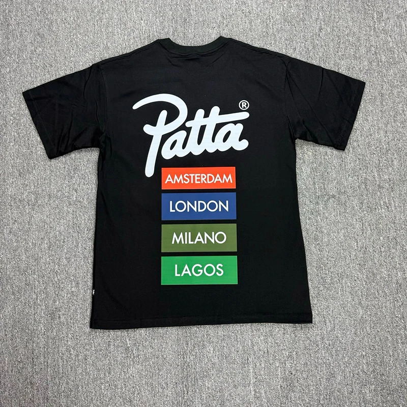 2026 New PATTA Men T-Shirt Minimal Front Back Print Multi City Text Tag Solid Loose Casual Top Fast Delivery