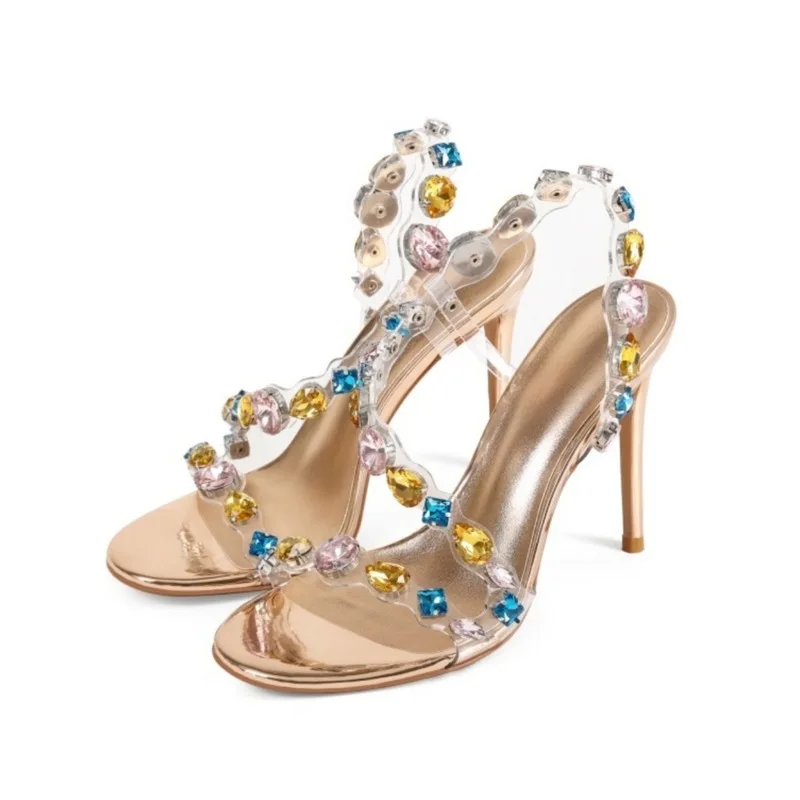 Women Open Toe Slingback Stiletto Sandals PVC Colorful Ankle Strap Rubber Sole Wedding Evening Heels F351