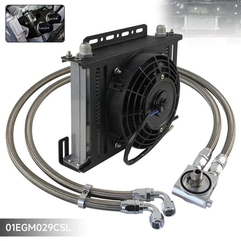 Oil Cooler Kit Universal 28 Row AN10 Thermostatic 73 Degree +7'' Fan w/Bracket Kit Transmission Engine Black/Silver