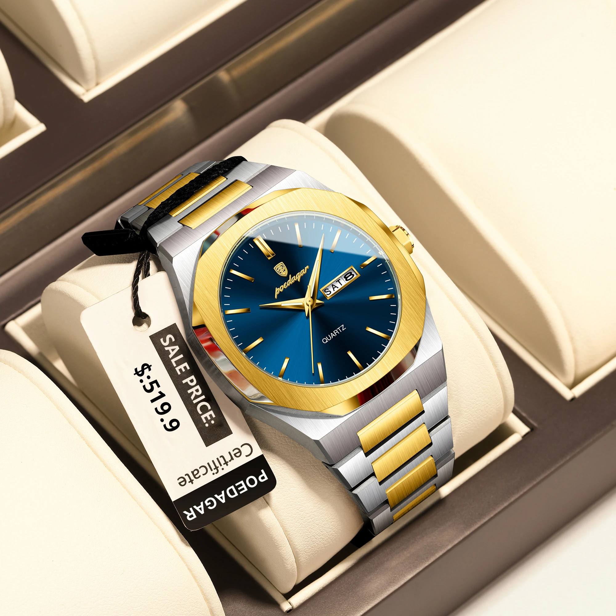 POEDAGAR موضة فاخرة ساعات كوارتز رجالية الفولاذ المقاوم للصدأ تاريخ الأسبوع رجل ساعة اليد مقاوم للماء مضيئة الرياضة الرجال ساعة Reloj