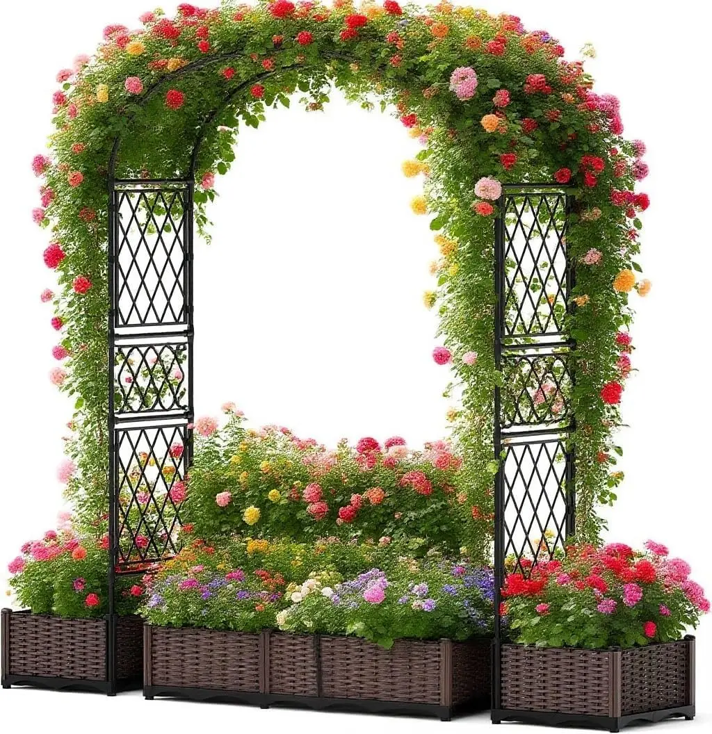 Metal Garden Arch Trellis with Built-in Planter Boxes Integrated Dual Planter Boxes Elegant Round Arched Top Lattice Side Panels Sturdy Metal Frame Spacious Climbing