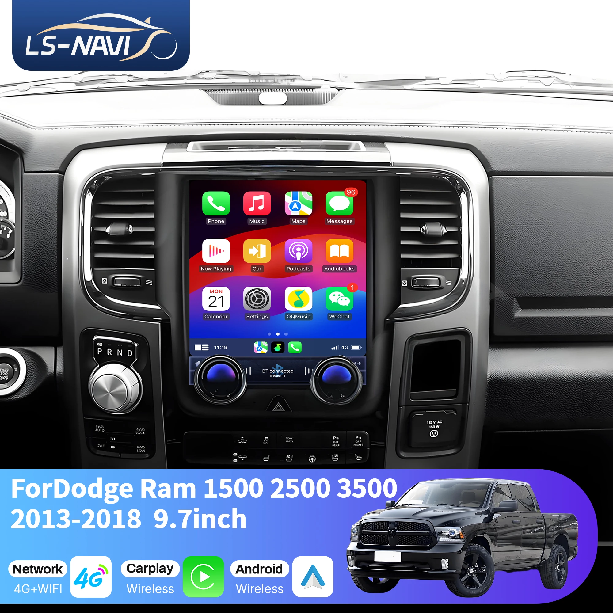 

9.7 inch Car Radio For Dodge Ram 1500 2500 3500 2013-2018 4G GPS Head Unit Wireless Bluetooth CarPlay Touch Screen Stereo System