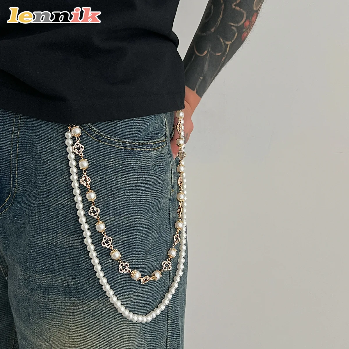 Punk Style Jeans Chain, Imitation Pearl Drop with Crystal Flower Accessory,, Men's Niche Hip Hop Jewelry,Cross-Border Streetwear