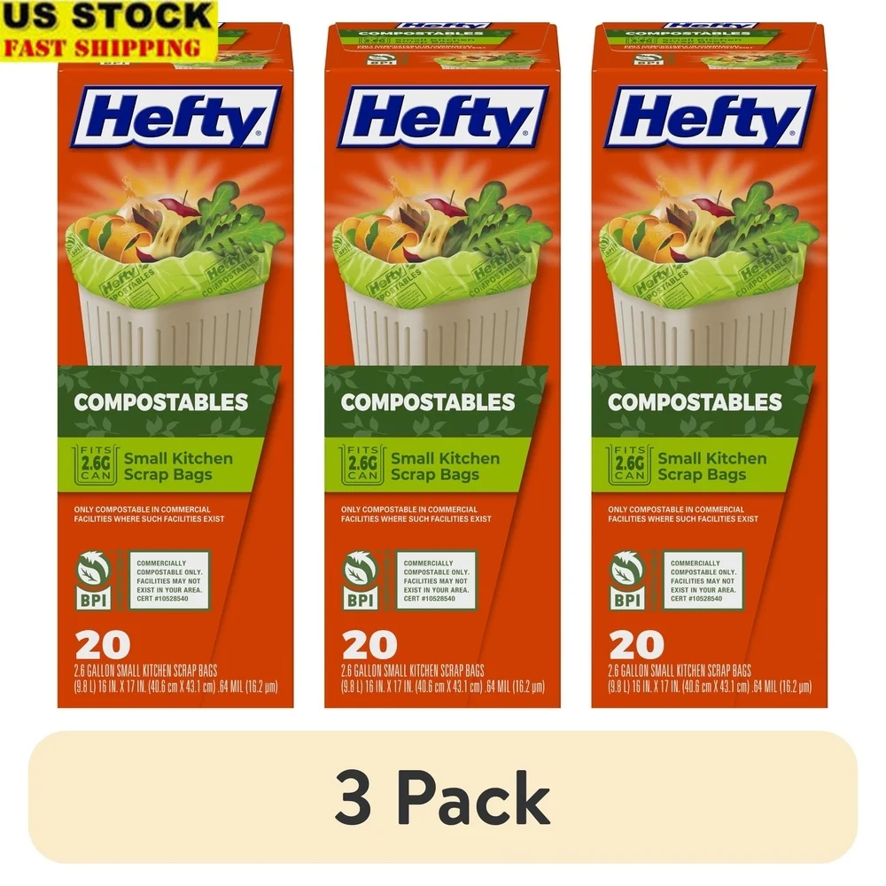 

3 упаковки, компостируемые кухонные мешки для мусора, 2,6 галлона, 20 шт., устойчивые к проколам, экологически чистые мешки для сбора мусора, брухты для еды