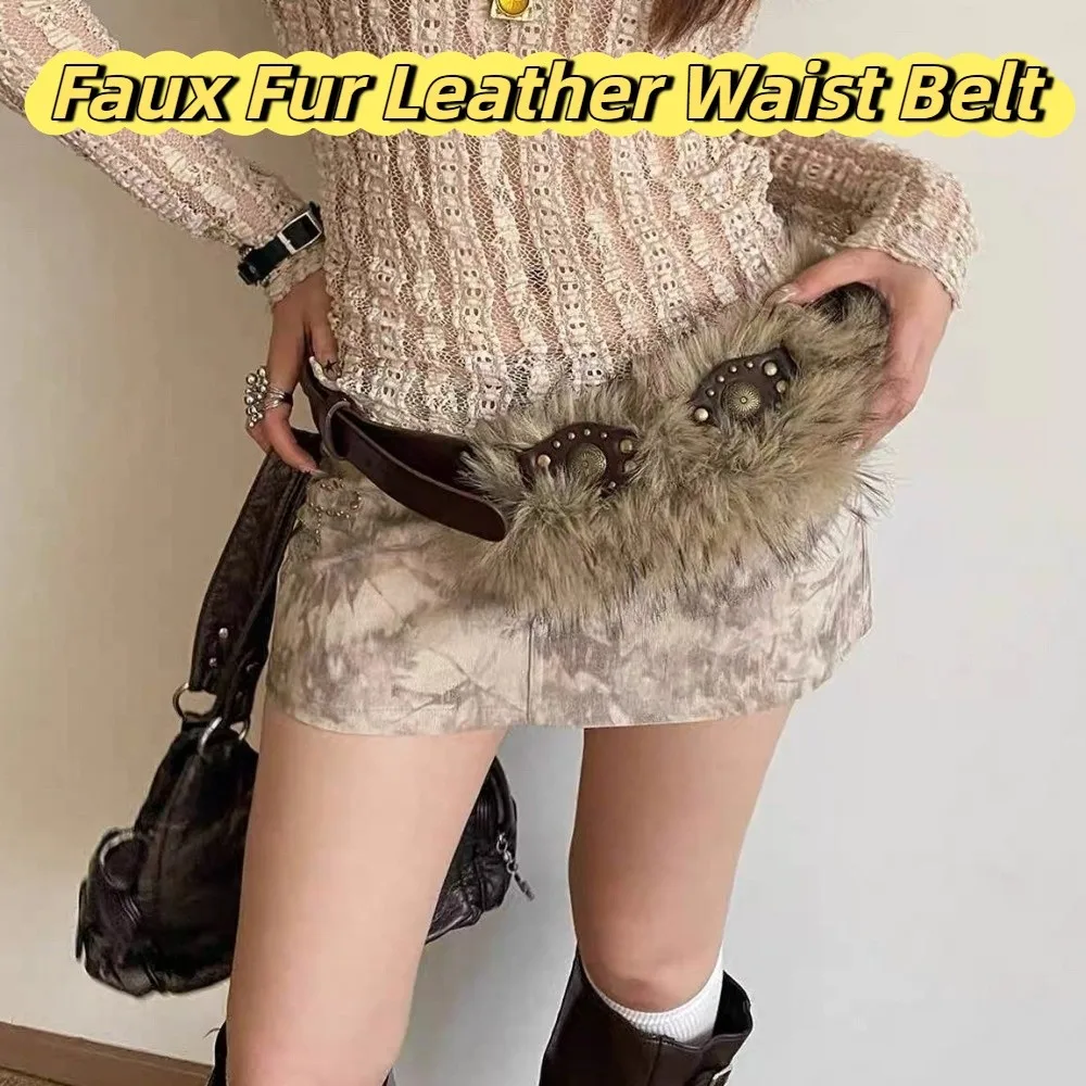 Simple Y2K Leather Fur Belt Rhinestone Punk Furry Waistband Jeans Decor Retro Plush Waist Belt Daily