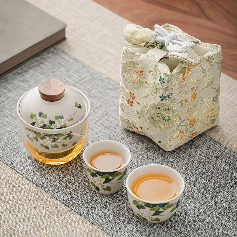 

Grass and Wood Grey Travel Tea Set Outdoor Portable Kung Fu Tea Gifts Quick Guest Cup One Pot Two Cups with Hand Gift