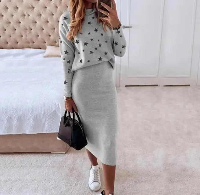 Two Piece Set Women Outfit 2023 Autumn Long Sleeve Printed High Neck Tight Top & Casual Wrap Hip Skirt Set Fashion Women\'s Suits