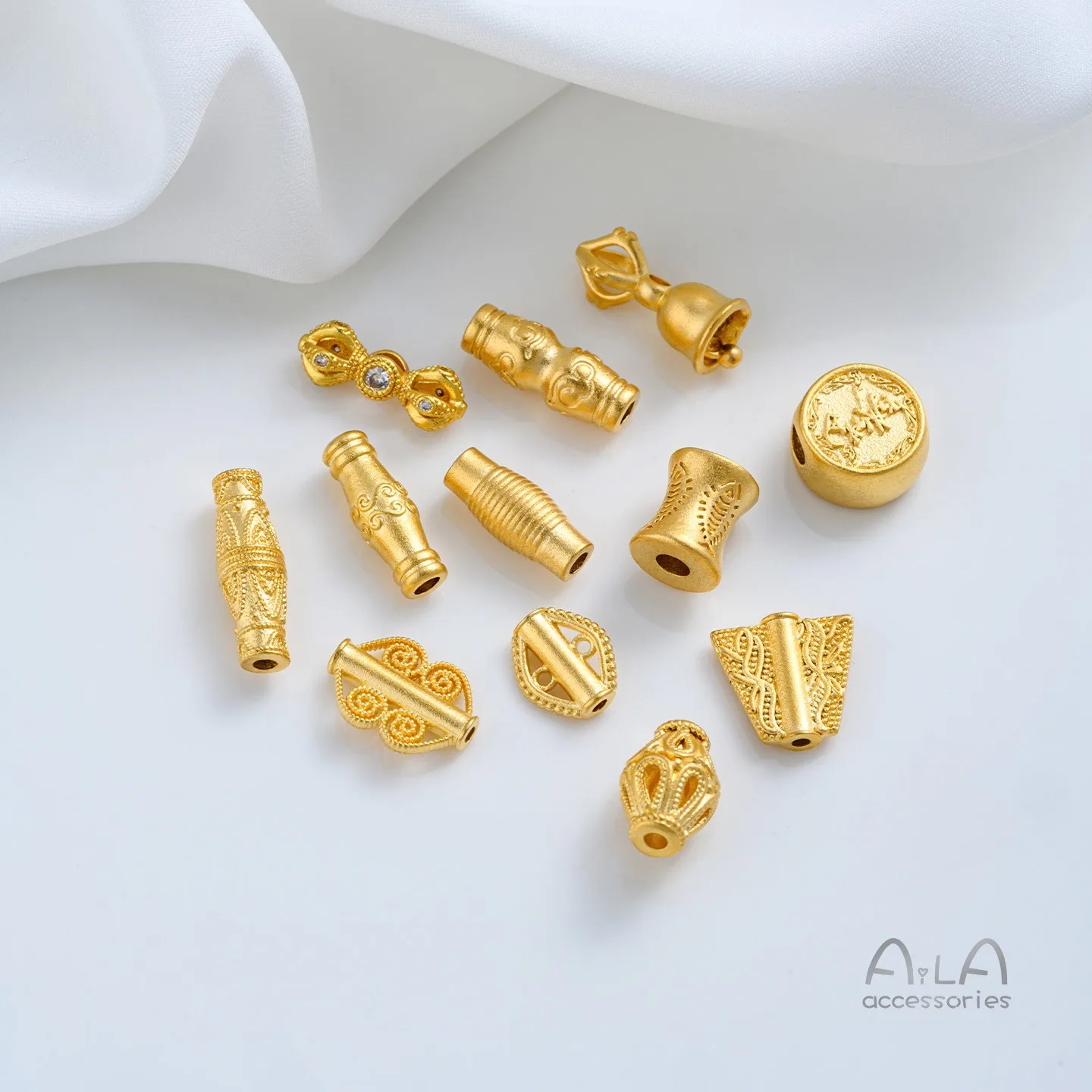 Brass 24K Gold Plated Exam Blessing Vajra Pestle Waist Fish Grain Spacer Beads DIY Bracelet Necklace Jewelry Findings