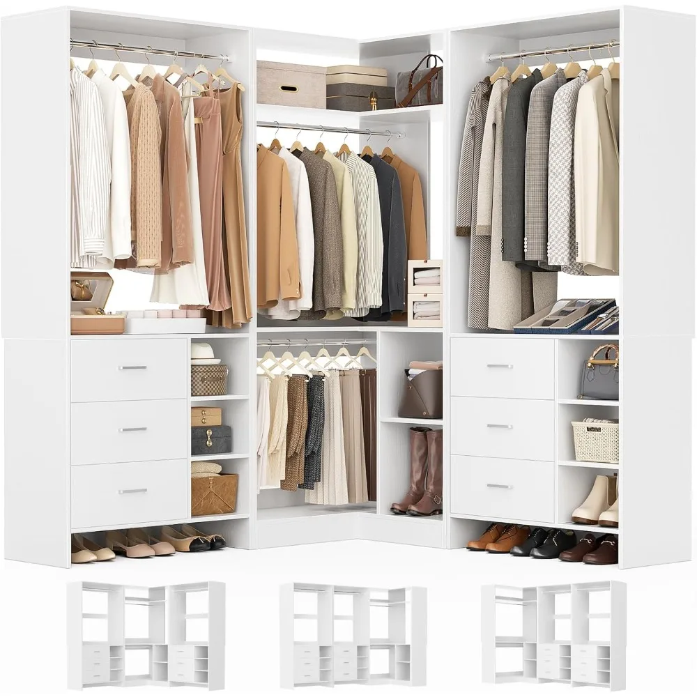 

Closet System with 6 Drawers, 4 Hanging Rods & Corner Tower, Corner Closet System with Hanging, 92.6" L-Shaped Walk-In Wardrobe