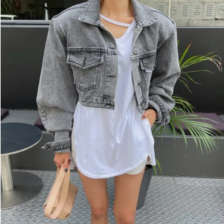 Street Style Versatile Women's Denim Jacket Loose Fit Cotton Blend Short Coat Multi Pocket Design Straight Hem Travel Friendly