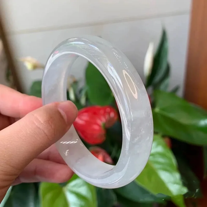 Jadeite from Myanmar, White Moonlight for Women, Full Circle Ice Transparent Bracelet, Floral Pattern Sun-