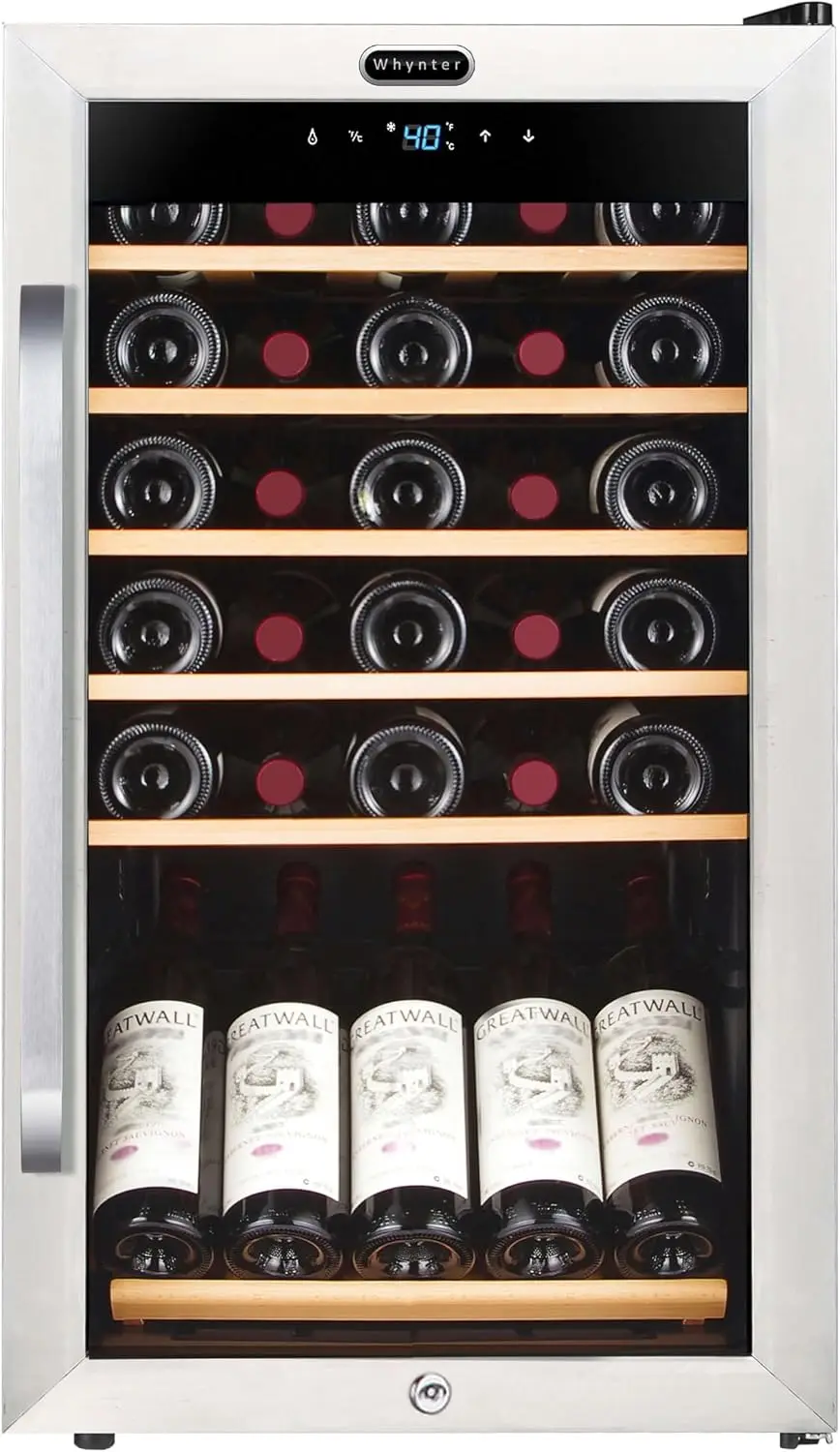 FWC-341TS 34 Bottle Freestanding Stainless Steel Wine Refrigerator with Display Shelf and Digital Control, Gray