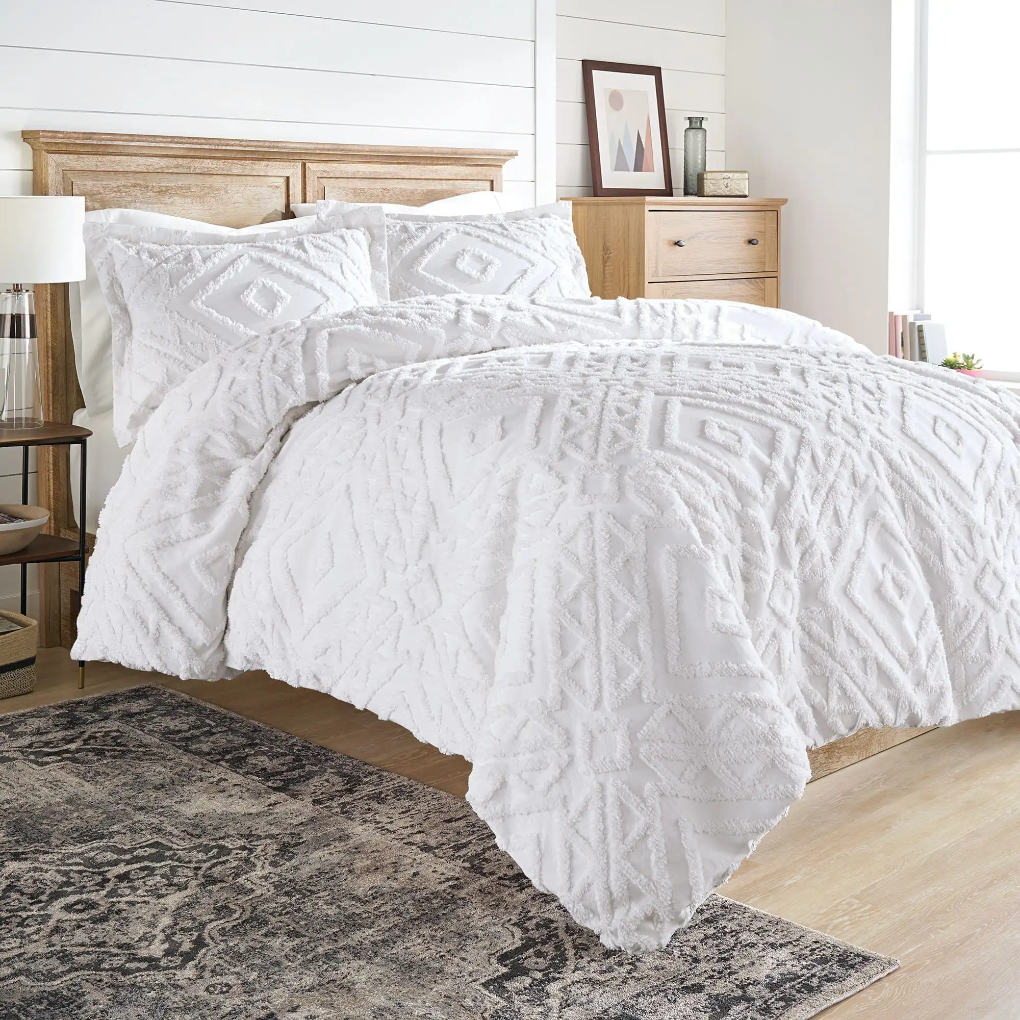 

3-Piece Chenille Duvet Cover Set, Full/Queen, White Bed Set Furniture Bedsheets Set With Pillows Case Bedroom Bed Set