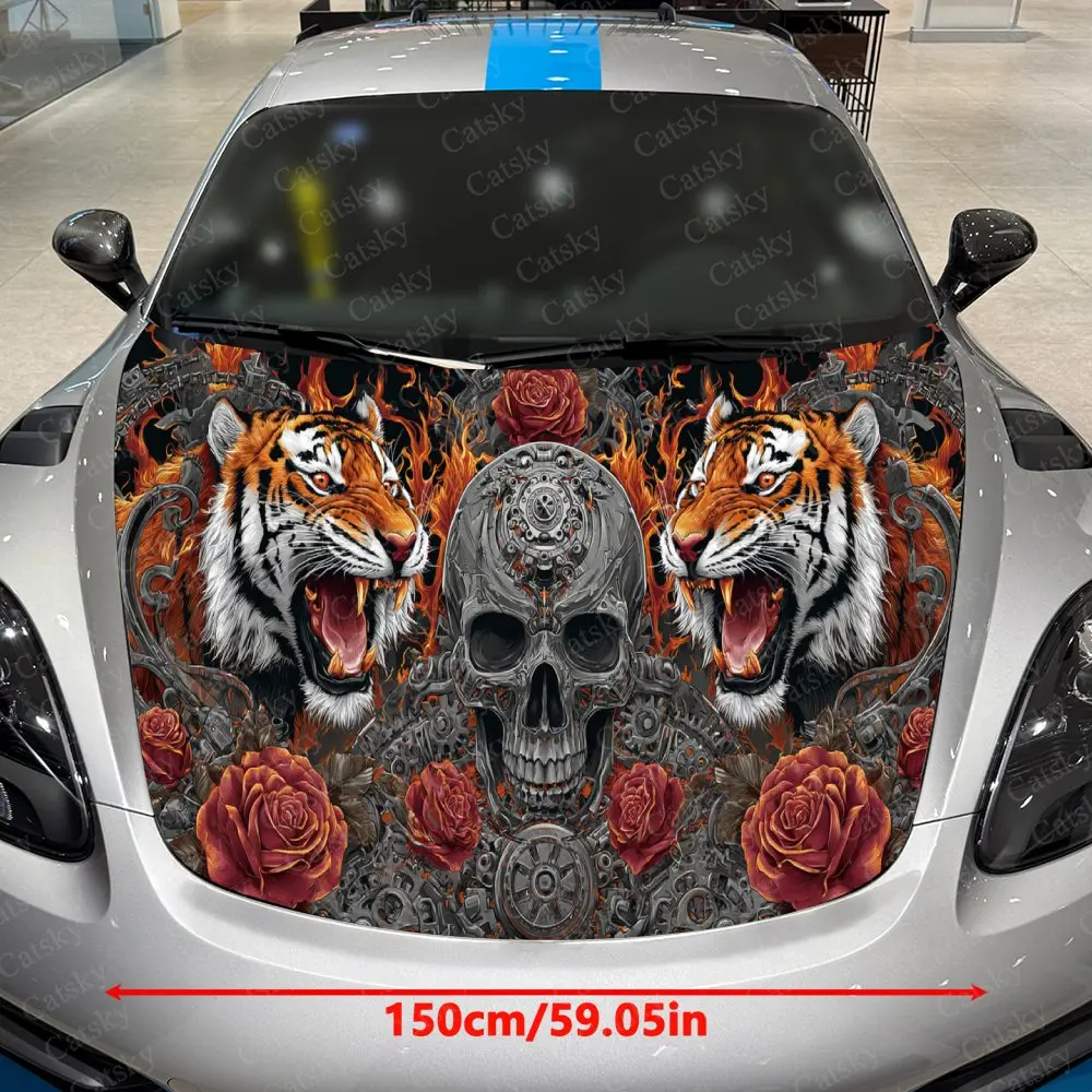 Flame-Patterned Gear Skull & Twin Tiger Car Vinyl Wrap, PVC Waterproof Car Hood Sticker, Self-Adhesive Scratch-Resistant Sticker