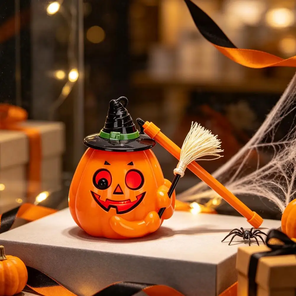 Portable Pumpkin Light Trick or Treat Lamp Glowing Halloween Pumpkin Lantern with Witch Hat Broom Light Up Ceramic Ghost