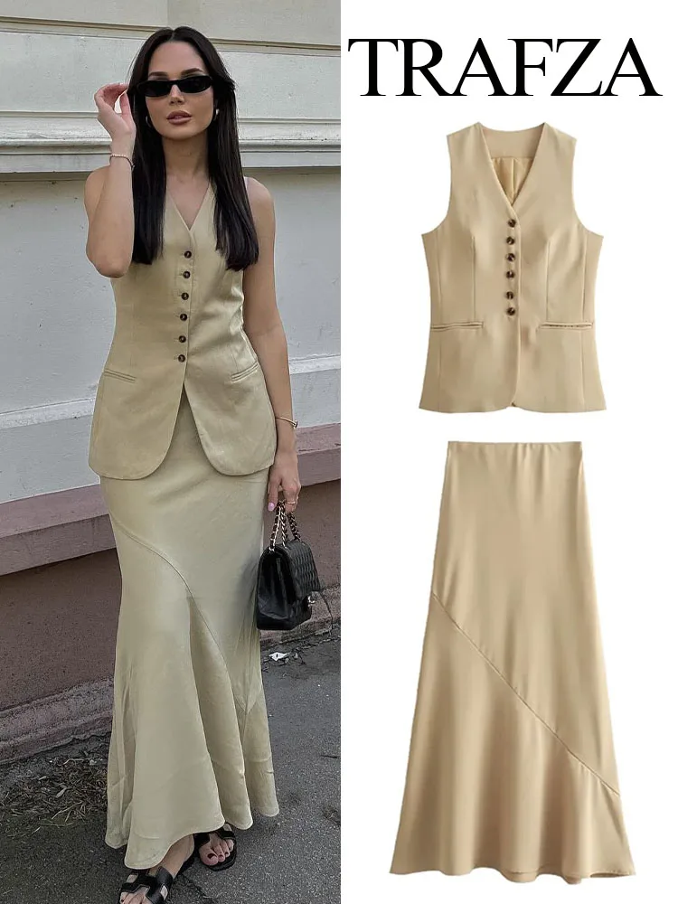 TRAFZA Women Fashion Skirts Suits Khaki V-Neck Sleeveless Pockets Single Breasted Waistcoats+High Waist Asymmetrical Slim Skirt