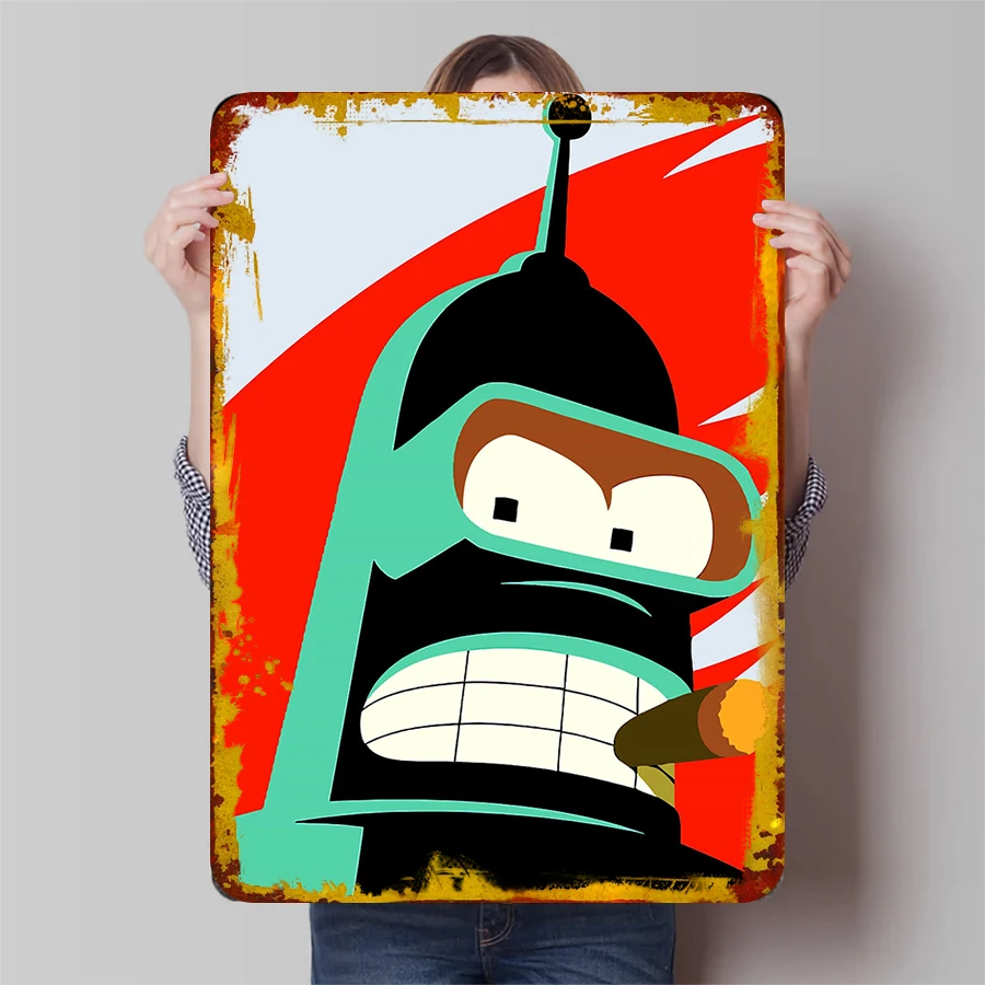 Futurama Bender Robot Smoking Cigar Metal Wall Art Decor Vintage Comic Home Decoration