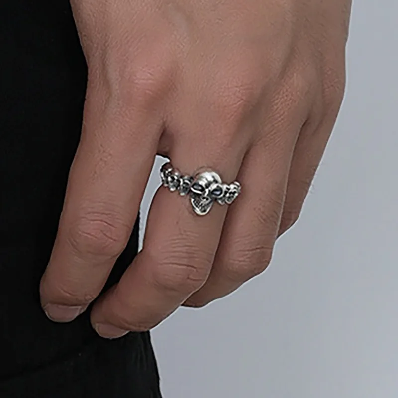 Men's Gothic Multi-Skull Open Ring Adjustable Band Vintage Punk Biker Statement Individuality Jewelry in Gun Black & Gold 2026