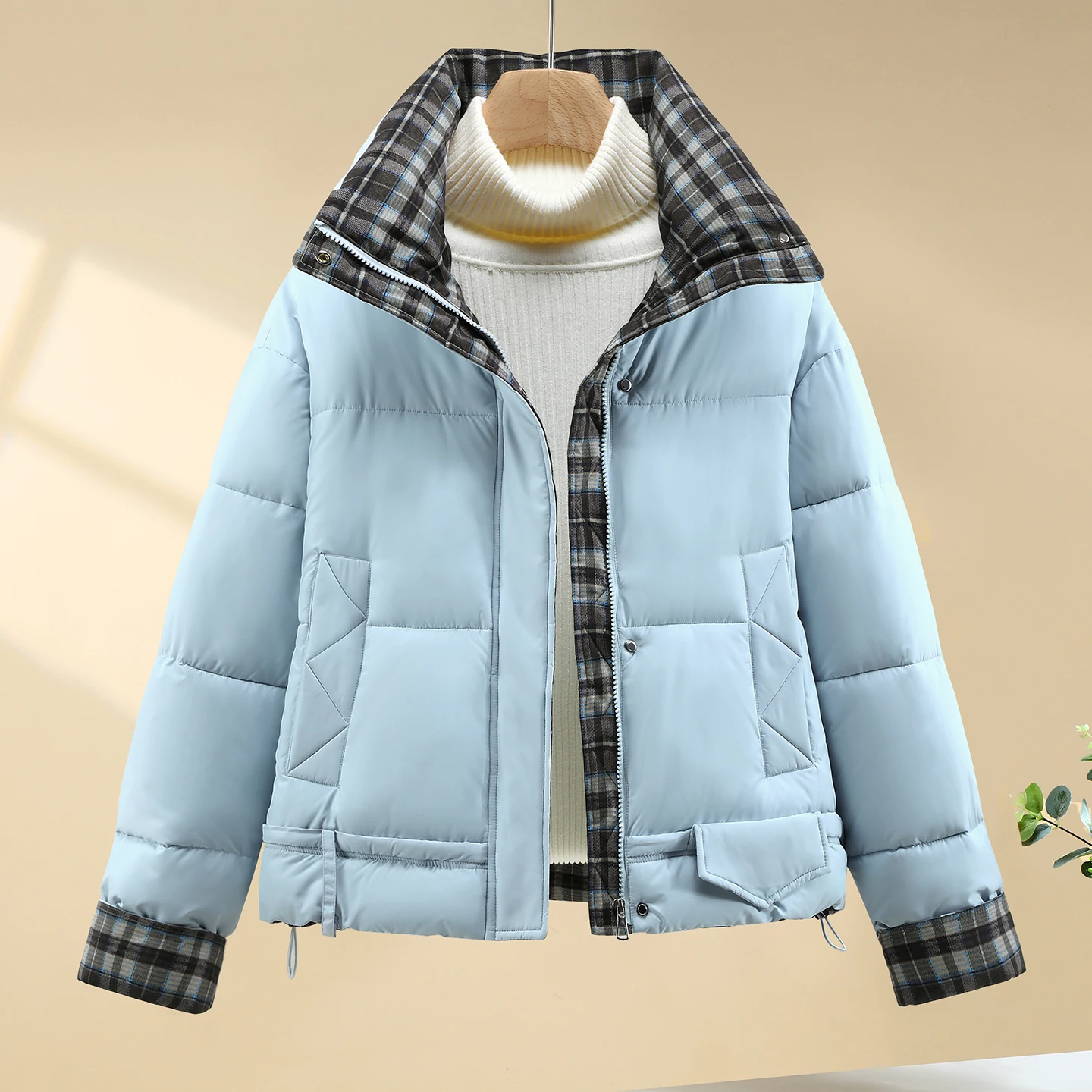 เสื้อแจ็คเก็ตผ้าฝ้ายลายสก็อตสำหรับผู้หญิง แฟชั่นเรียบง่าย คอตั้ง หนา อุ่น สไตล์เกาหลี ลำลอง หลวม