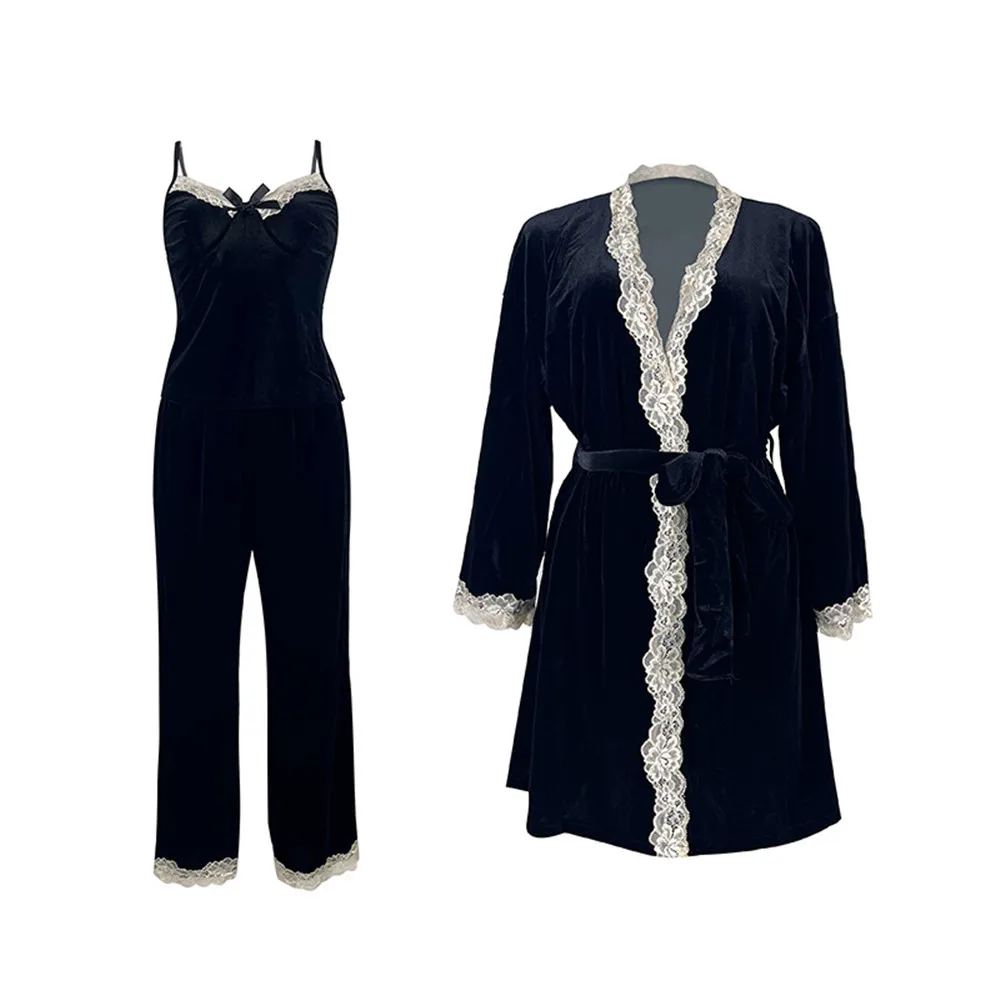 

Autumn Velvet 3PCS Pajamas Set Sleepwear Sexy Lace Trim Bath Robe Sling Pants Loose Casual Velour Home Clothes Loungewear