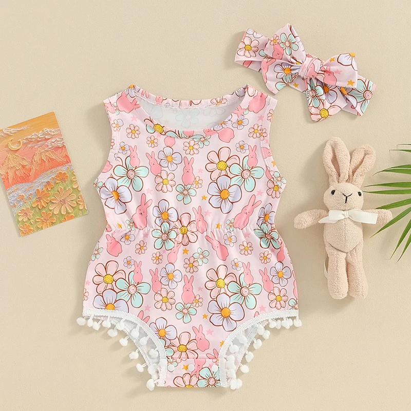 Infant Baby Girls Easter Bunny Floral Romper Bobbles Tassel Sleeveless  Jumpsuit Shorts Summer Outfits