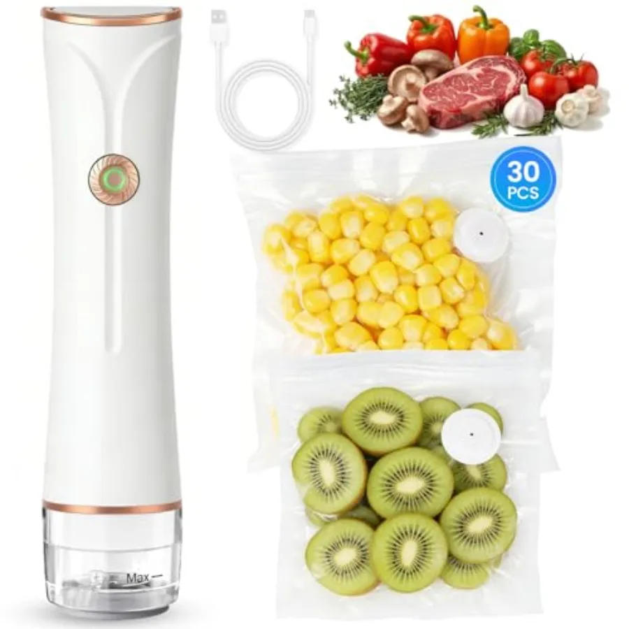 

Компактный вакуумный упаковщик для продуктов с видимым резервуаром, ручной вакуумный упаковщик, в комплекте 30 многоразовых пакетов, сохраняет продукты свежими в 6 раз дольше