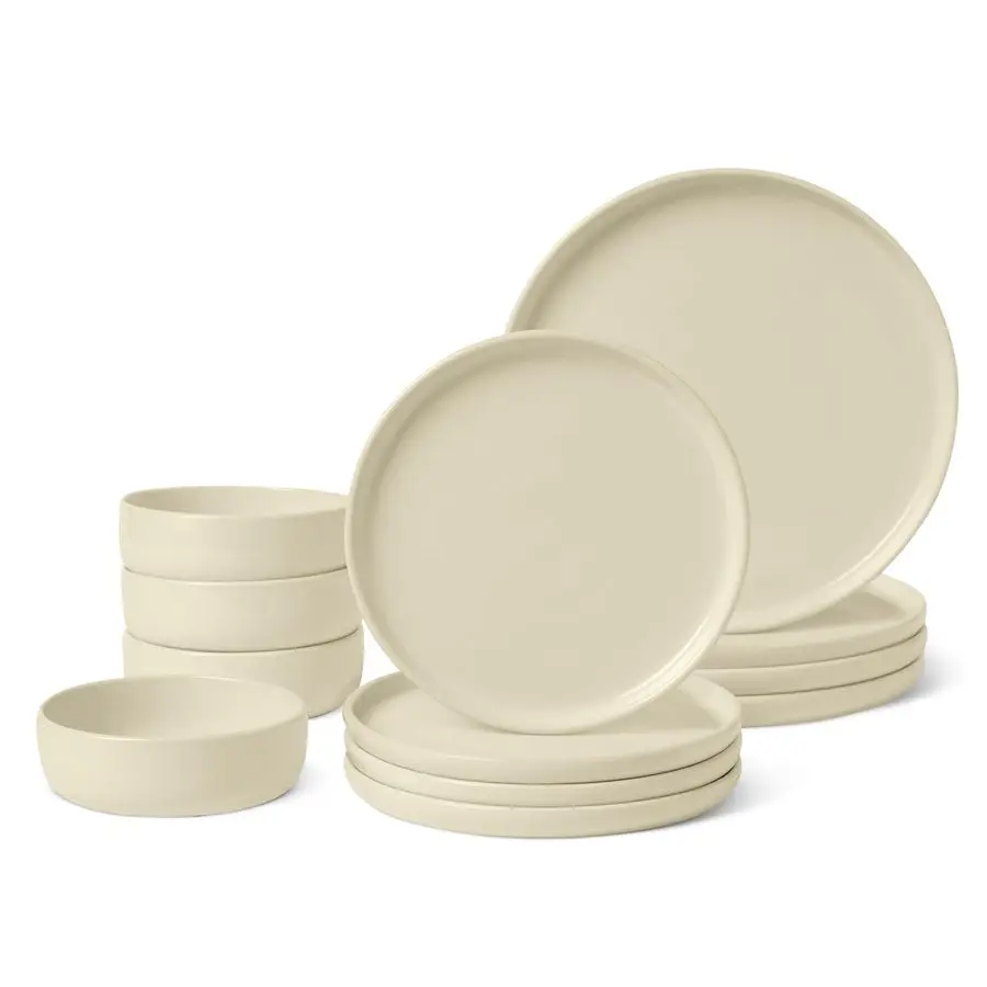

Glazed Stoneware Dinnerware, Ceramic 12Piece Set, 4 Full Place Settings, DishwasherSafe, Ivory