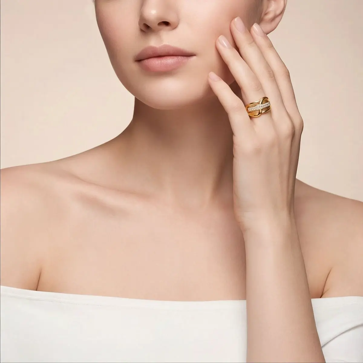 Fashionable and Luxurious Twisted Zircon Open Ring Gold Multi-layered Wide Ring Bracelet Suitable for Women's Daily Party Wear