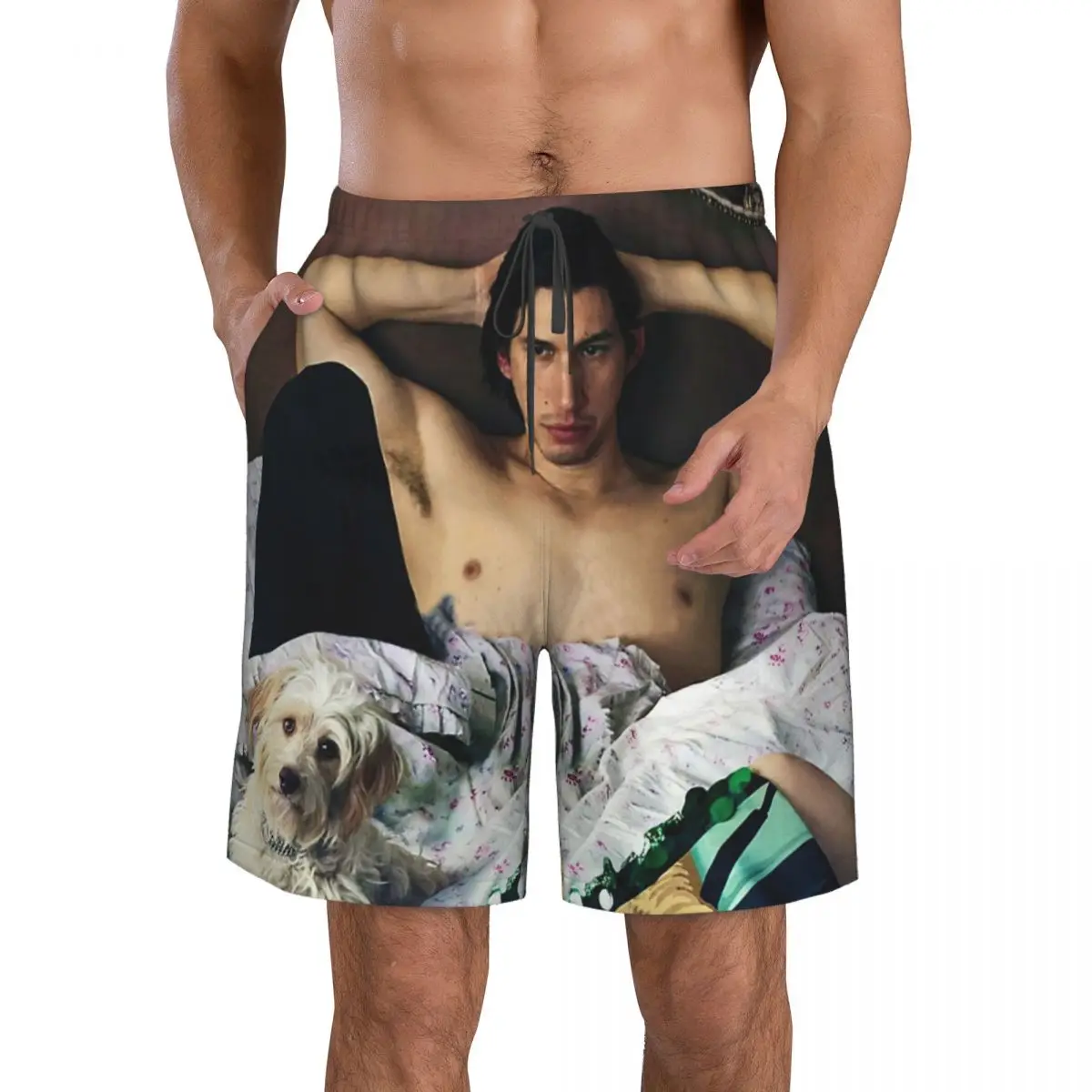 Adam driver com cão photosession calções de praia masculina fitness secagem rápida maiô engraçado rua diversão calções 3d