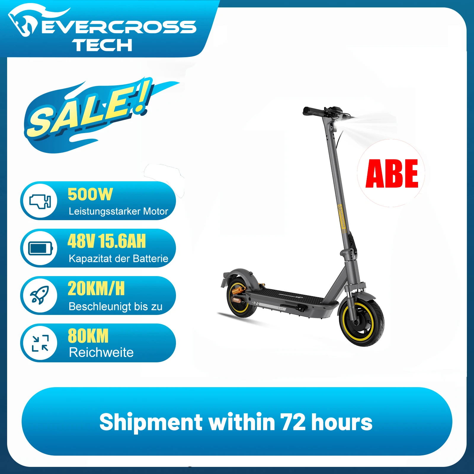 EVERCROSS TECH EV10S MAX Abektroroller Faltbar Pot App, 500 W Motor, Reichweite bis zu km, 10
