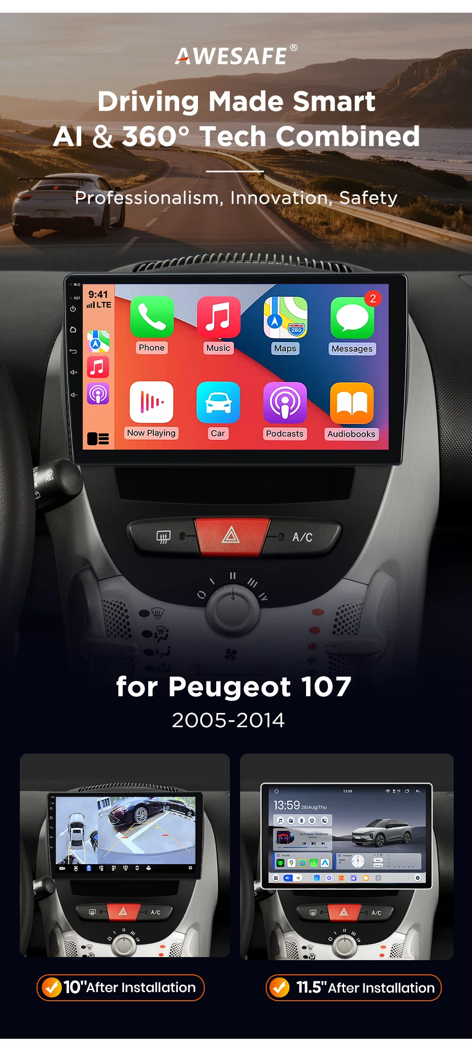 AWESAFE Android Autoradio für Peugeot 107 2005-2014 mit Wireless CarPlay und Android Auto GPS-Navigation Smart System BT FM DSP – Detail 5