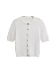 Women's Knitted Cardigan Sweater with Buttons, O Neck, Short Sleeve, Female Outerwear, Chic Tops, Fashion