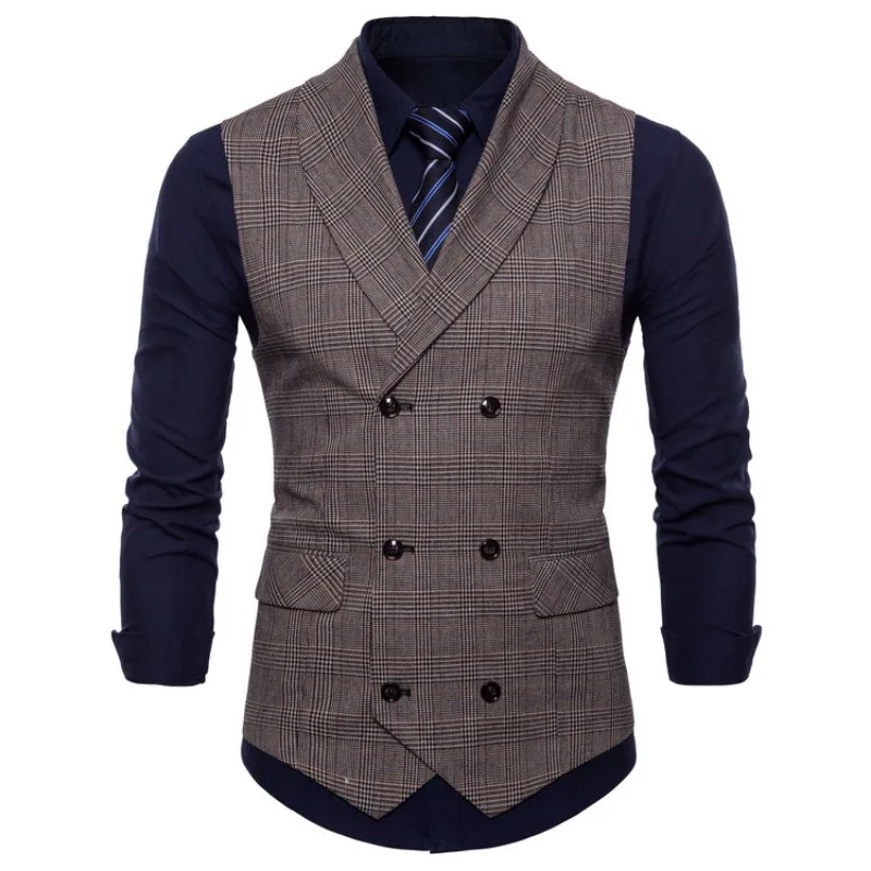 Water Washed Foreign Trade Vest British Slim Fit Men's Double Breasted Plaid Suit Vest Business Casual Vest Trend