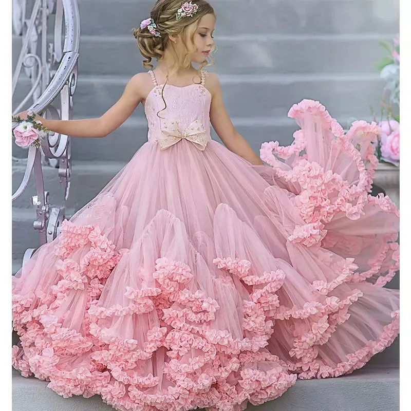 Vestidos de flores rosas formales para niños, faldas escalonadas, vestidos de desfile para niños pequeños, vestidos de tul con cuentas, ropa de primera comunión