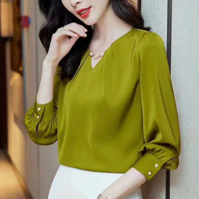 Elegant V-Neck Spliced Button Beading Folds Chiffon Blouse Women\'s Clothing 2023 Autumn New Casual Pullovers Office Lady Shirt