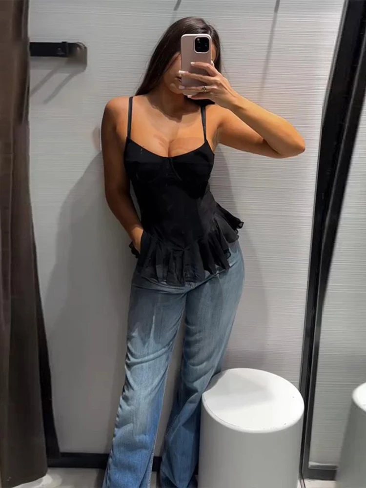 Casual Mesh Ruffle Hem Cami Top Bustier Sleeveless Waisted Women Tops Chic All-match 2026 Spring Summer Lady Chic Solid Outfits