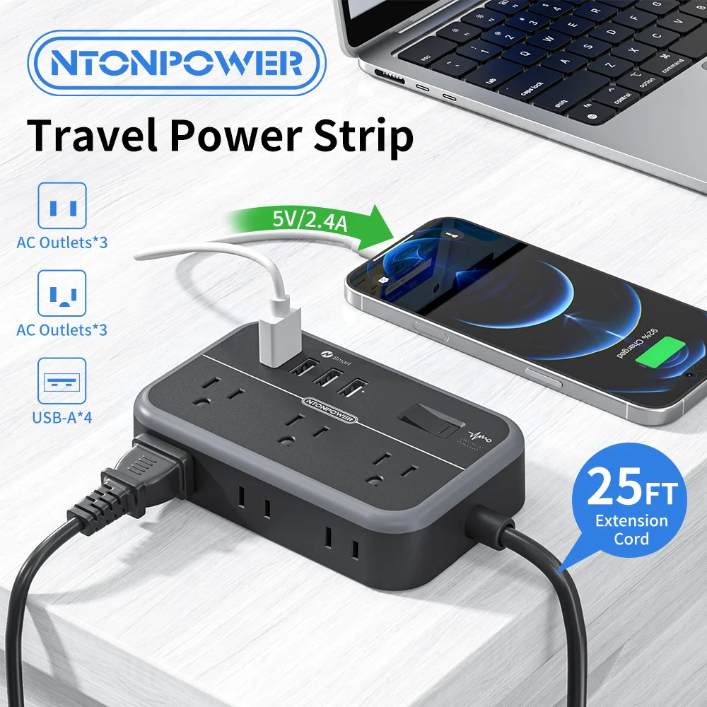 

US Plug Power Strip 6AC Outlets 4USB Ports 25Ft extension power cord 4/7M 1080J Surge Protector Smart Socket for Travel/Bussine