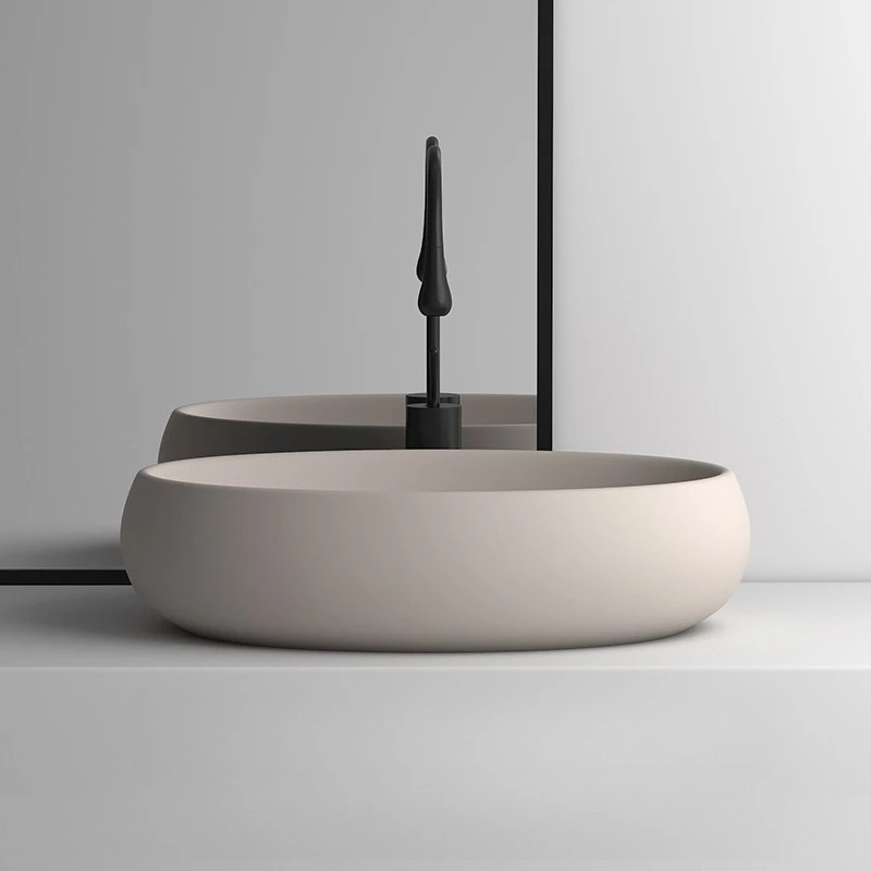 Khaki Oval Bathroom Sinks Ceramic Washbasin Household Strong Hardness Faucets and Sinks Easy Cleaning Durable Washhand Stand