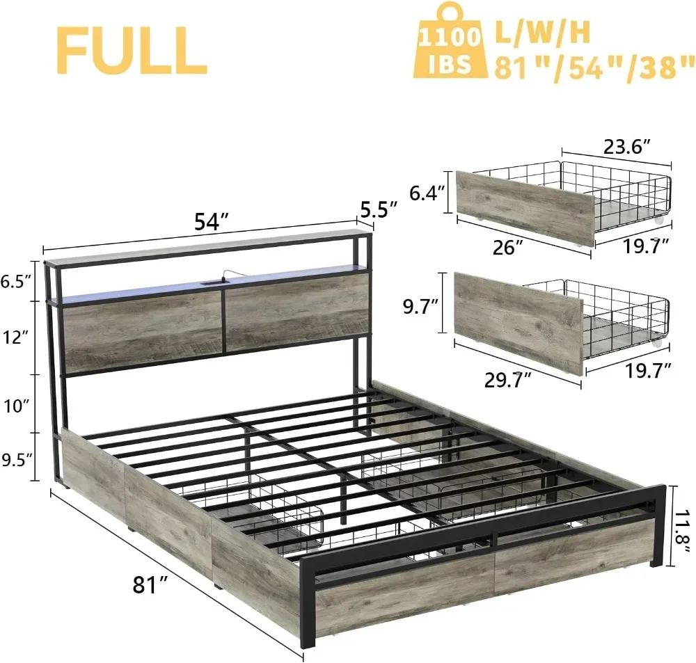 LED Bed Frame Full Size with Headboard & 4 Storage Drawers Platform  Frame with 2 Charging Outlets and 2 USB Ports Strong