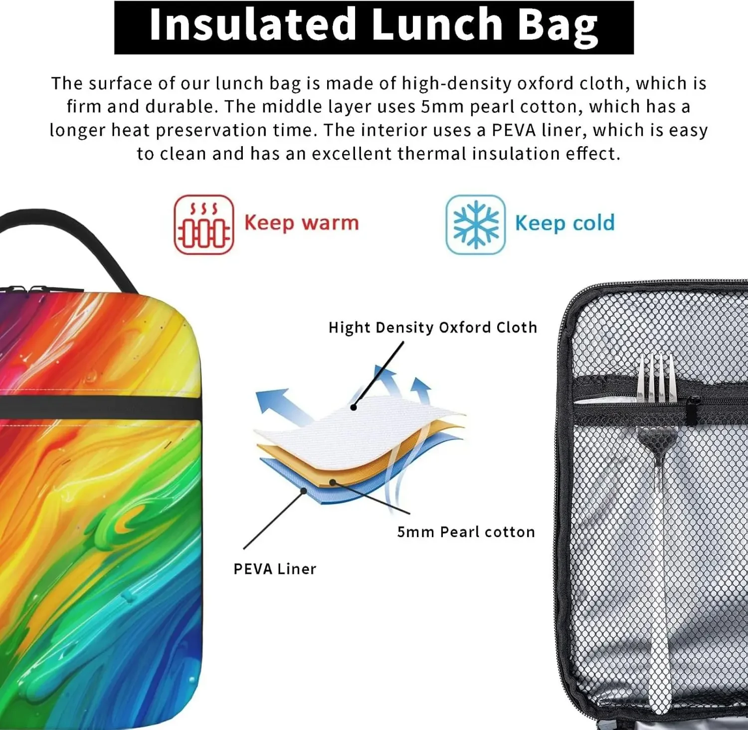 صندوق غداء معزول للفتيات والنساء والأطفال حقيبة غداء قوس قزح للعمل والنزهة والمدرسة والسفر والمشي لمسافات طويلة #6