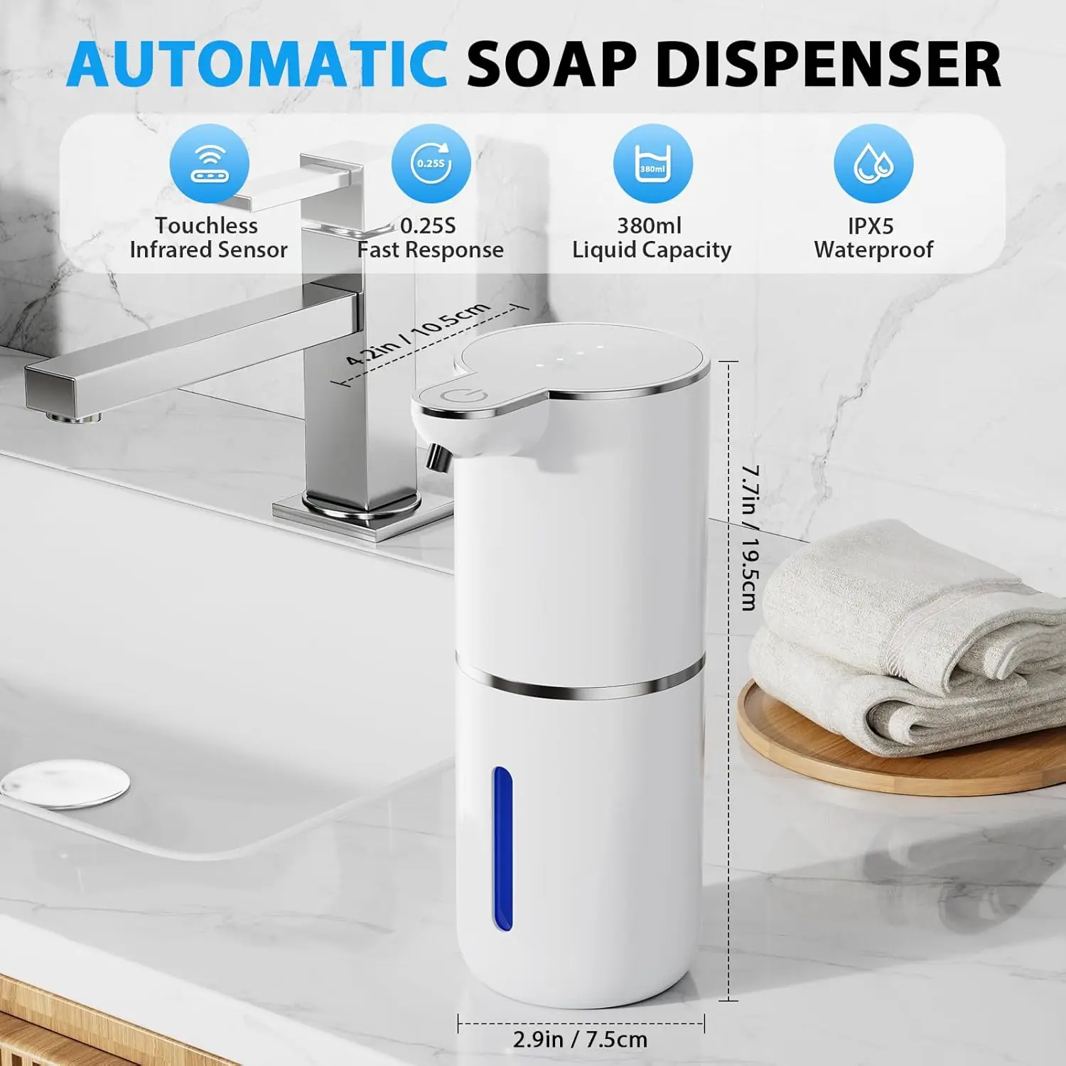 New 380ml Capacity Low Noise Light Display 4-Levels Adjustable Foam/Liquid Modes Electric Automatic Smart Sense Soap Dispenser