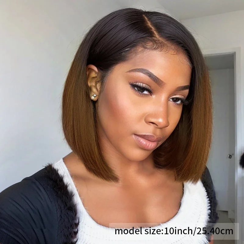 Ombre  Brown Colored 13x4 Lace Frontal Wig Human Hair Wig Remy Bone Straight Short Bob Wig For Black Women