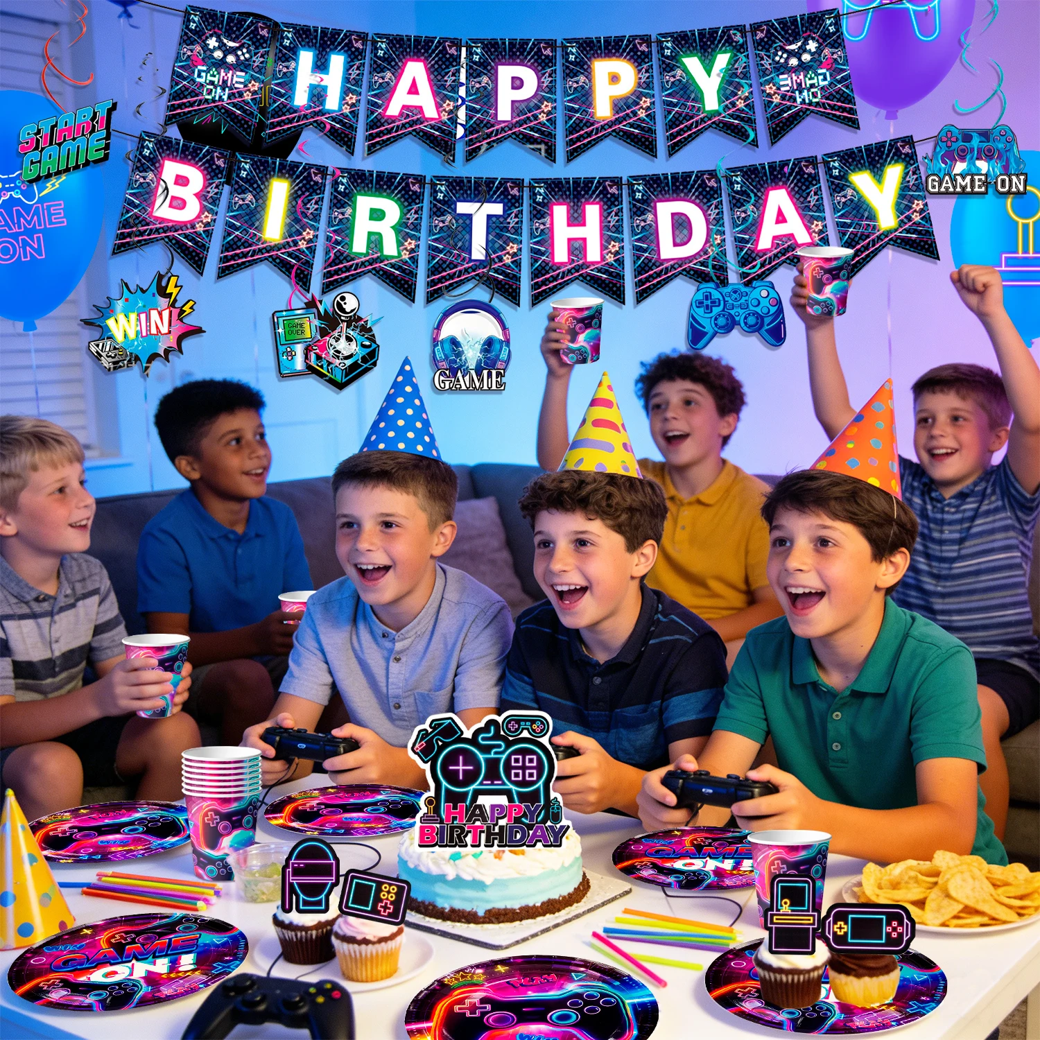 159 Pcs Video Game Birthday Decorations & Glowing Video Game Party Tableware - Balloons Cups Plates Etc Video Gaming Party Suppl