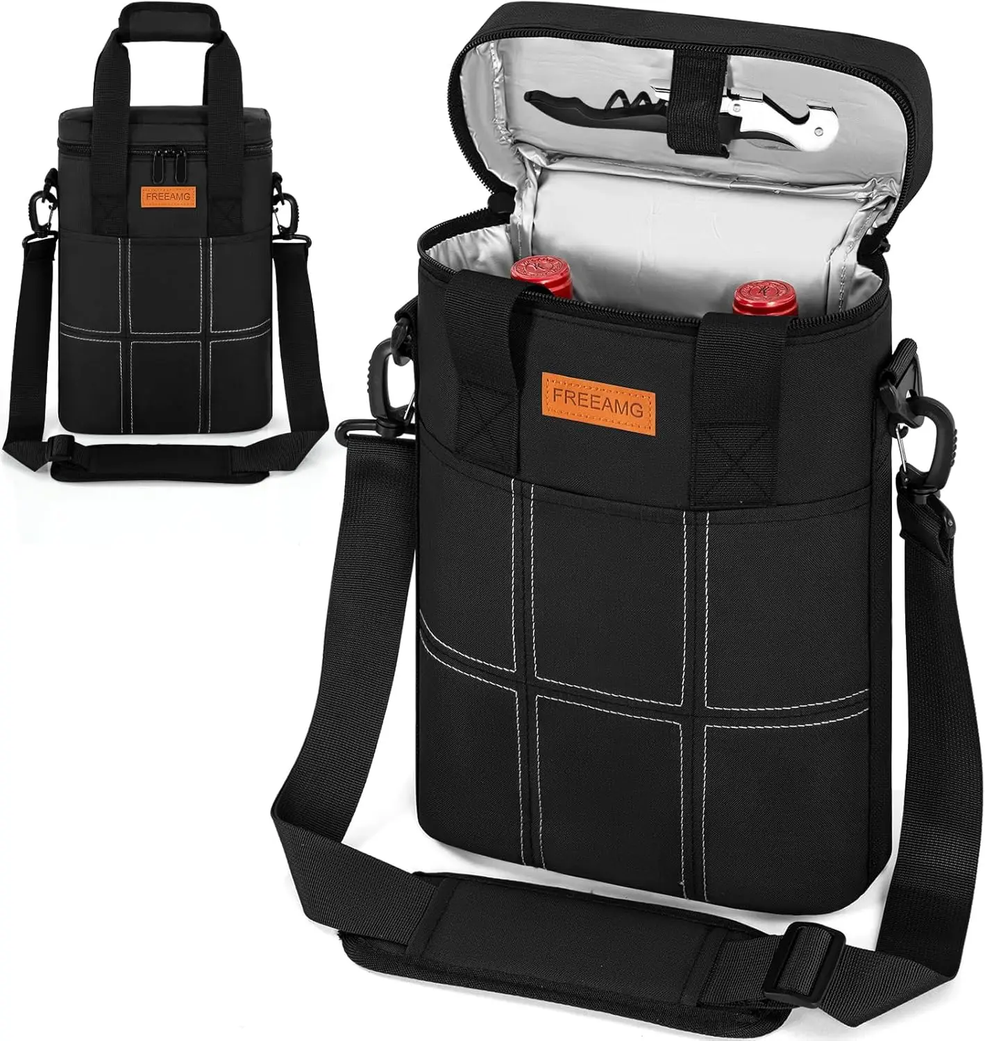 2 Bottle Wine Tote Bag Cooler Bag Leakproof Wine Carrier Case with Insulated Padded & Adjustable Shoulder Strap & Handle for Tra