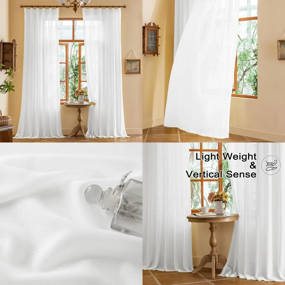 

Extra Wide 72 Sheer Pleated Curtains, 108 Length, Light Filtering, White, 2-Panel Set for Patio/Bedroom