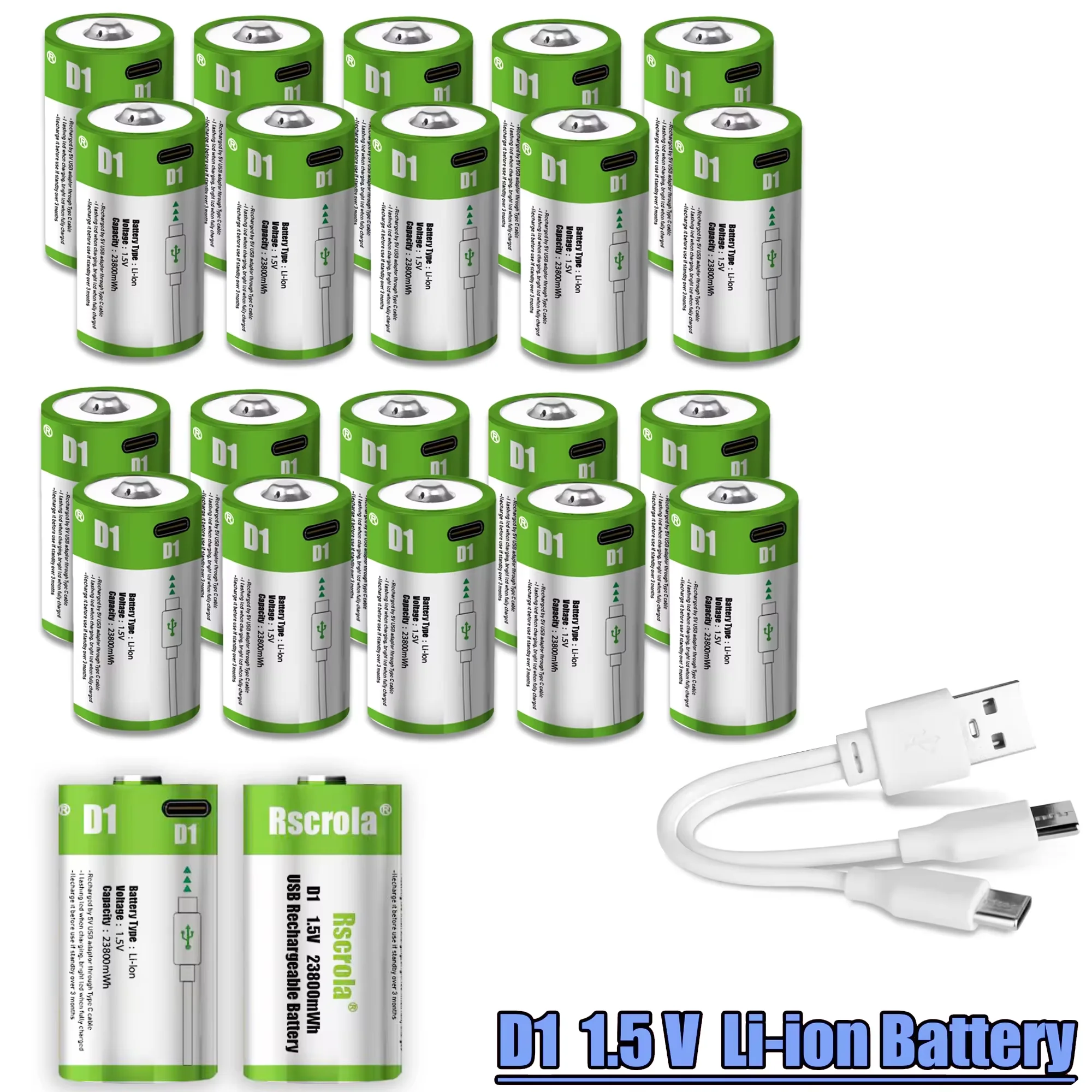 Hot D-sized 1.5V 23800mWh Lithium Battery USB Rechargeable Large Capacity Battery for Flashlight Water Heater with Free Cable