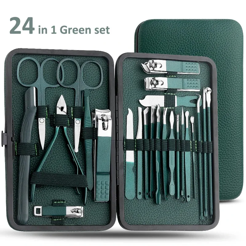 Nagelknipperset, nagelknippers voor thuisgebruik, donkergroene set van 7-24 stuks, pedicure-, exfoliatie- en nagelverzorgingsgereedschap