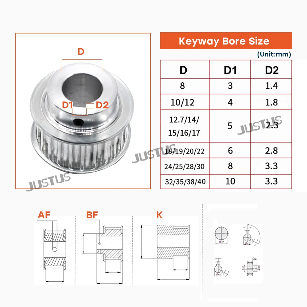 Puleggia dentata T10 16T 18T 20T 22T 24T Foro da 8 mm a 30 mm Passo dei denti 10 mm Larghezza slot 27 mm Per cinghia sincrona T10 da 25 mm Tipo BF