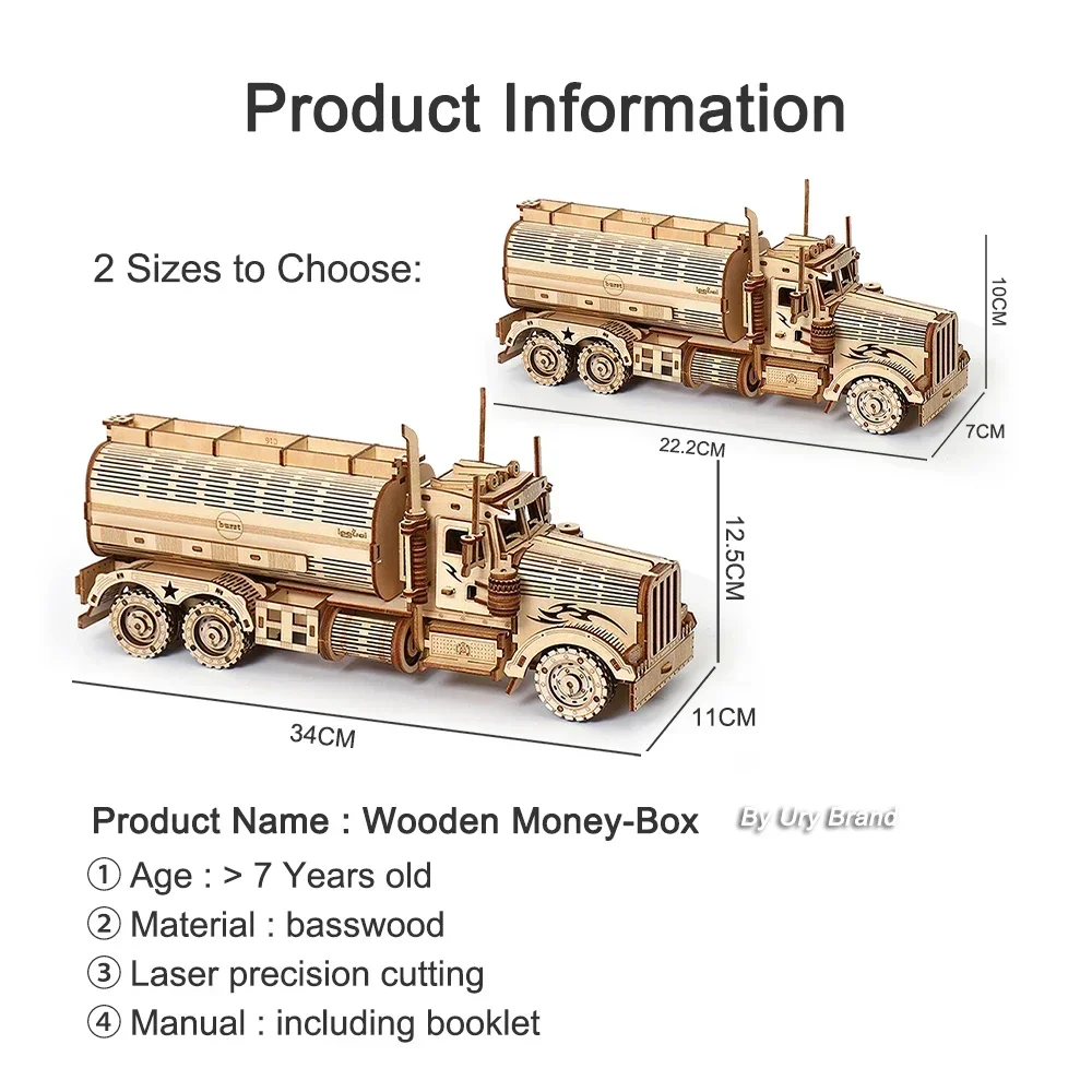 DIY 3D Wooden Puzzles Money Box Piggy Bank Fuel Truck Model Building Block Kits Assembly Jigsaw Toy Gift for Children Adult